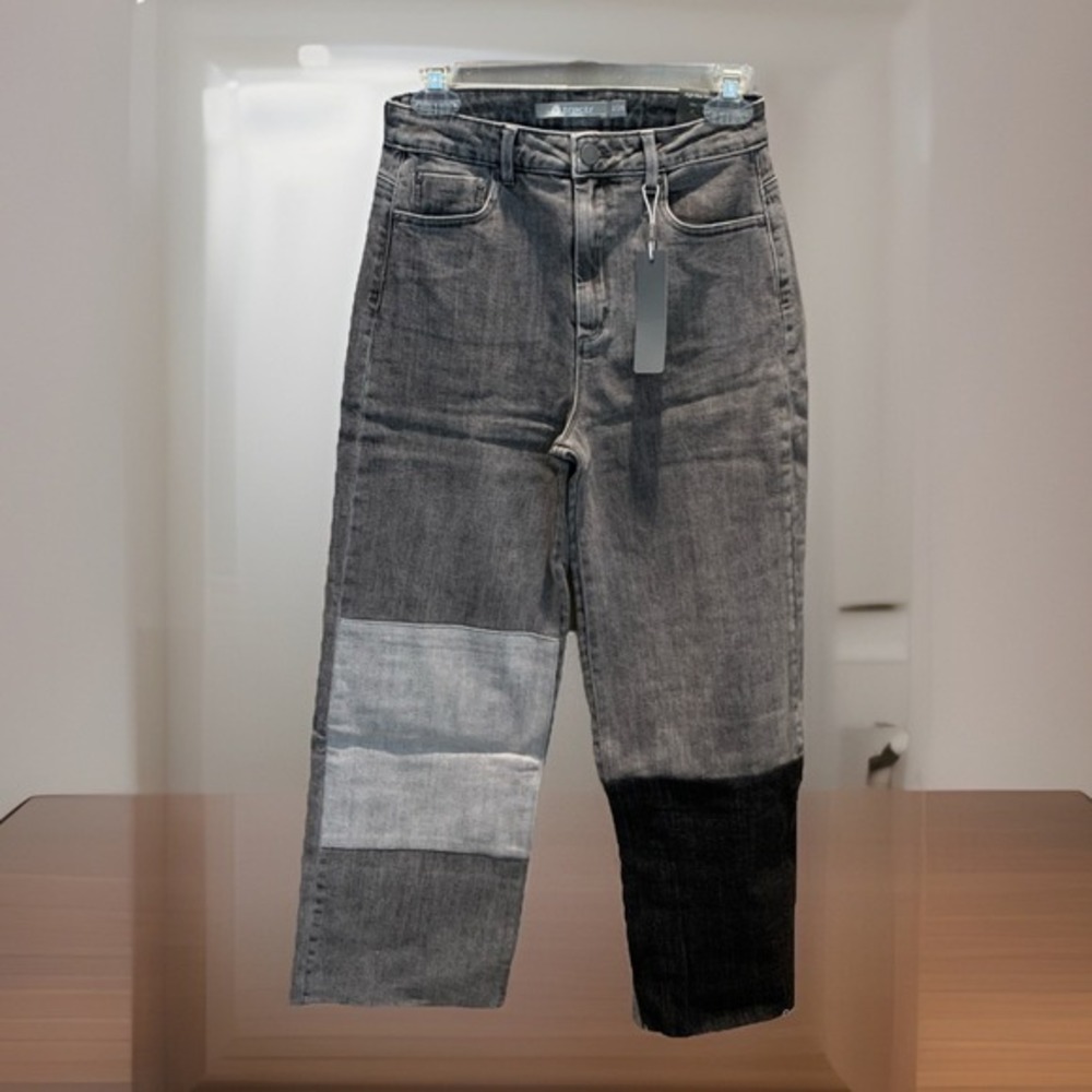 Tractr High Rise Straight Wide Leg Jeans Patchwork Raw Hem Black Size 2/26 NWT‎